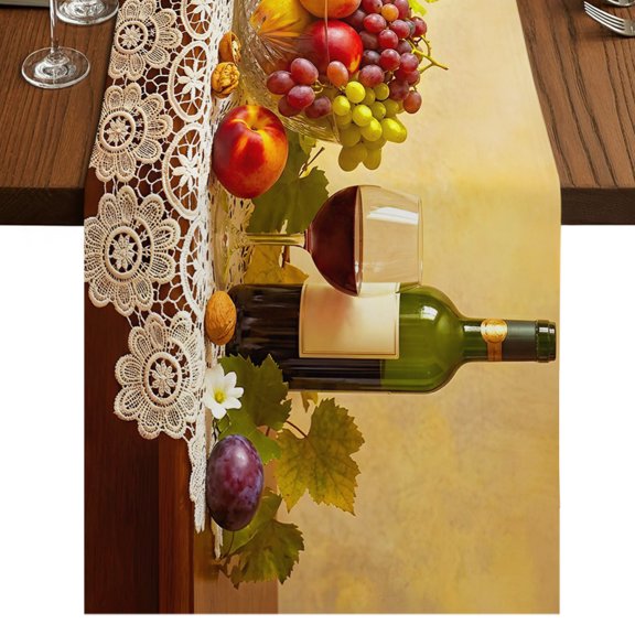 Rustic Grape Peach Burlap Cotton Table Runner 14x72 Inches Long, Realistic Fruits Apples Wine Farmhouse Table Runners, Outdoor Dining Tablecloths Decor for Baby Shower/Party/Wedding