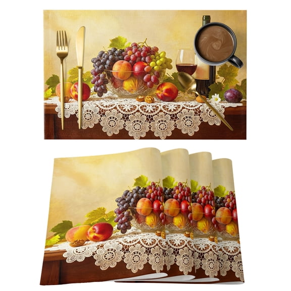 Rustic Grape Peach Placemats Set of 4 Realistic Fruits Apples Wine Place Mats Indoor Wipeable Table Mats Washable Cloth Dining Table Placemats for Kitchen Holiday Party Home Decor 13x19 Inch