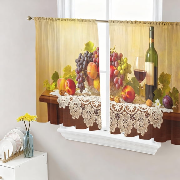 Rustic Grape Peach Semi Sheer Curtains 45 Inch Length 2 Panels Set, Realistic Fruits Apples Wine Sheer Kitchen Curtain Privacy Voile Window Curtain for Living Room Bedroom Rod Pocket Drapes