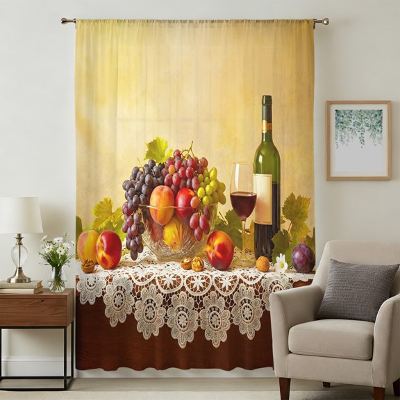 Rustic Grape Peach Sheer Curtains 108 Inches Extra Long, Realistic Fruits Apples Wine Light Filering Curtains, Privacy Drapes Simi Floor to Veiling Curtain for Living Room Bedroom Window Treatment
