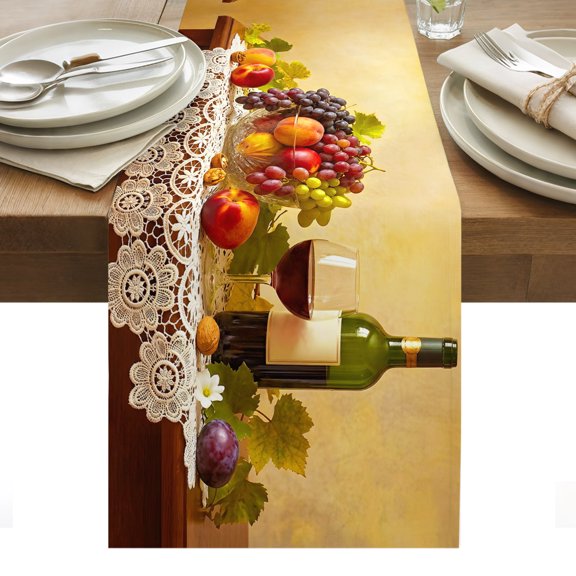 Rustic Grape Peach Table Runner Realistic Fruits Apples Wine Tablerunners 13 x 48 Inch, Table Decorations Tabletop Scarf for Summer Gathering Holiday Farmhouse Kitchen Dining Decor