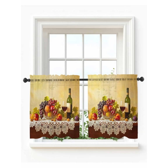 Rustic Grape Peach Tier Curtains 24 Inch Length,Sheer Curtains for Bedroom Living Room Window Realistic Fruits Apples Wine Rod Pocket Drapes Kitchen Curtains Small Half Window 27.5"x24" 2 Panels