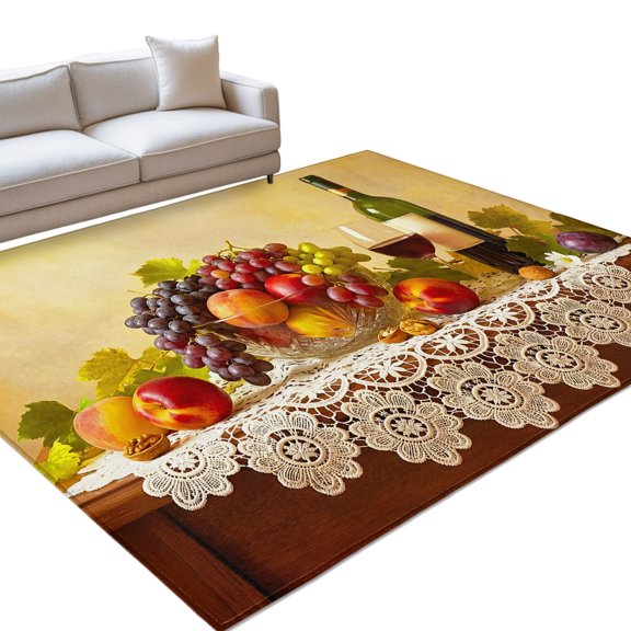 Rustic Grape Peach Washable Rug 9x12 Area Rug for Living Room Bedroom Non Slip Indoor Floor Rectangle Carpet Soft Low Pile Large Realistic Fruits Apples Wine Entryway Rugs for Dining Room Office Home