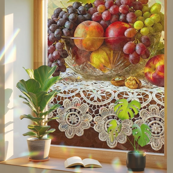Rustic Grape Peach Window Privacy Film Rainbow Static Cling Stain Glass Window Film for Glass Door, Decorative UV Blocking Sunroof Decal Sticker for Car 23.6"x59" Realistic Fruits Apples Wine