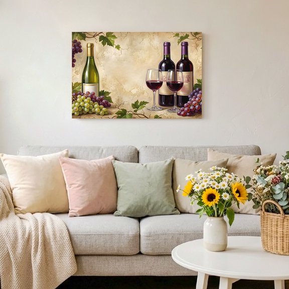 Rustic Grapes Wine Goblets Bottles Framed Canvas Wall Art,Canvas Pictures Painting Prints Farmhouse Italian Manor Wall Artwork for Home Office Living Room Bedroom Decor,10"x8"