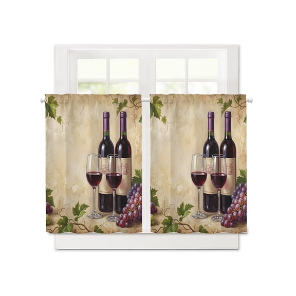 Rustic Grapes Wine Goblets Bottles Short Blackout Curtains 36 Inch Long,Farmhouse Italian Manor Rod Pocket Kitchen Curtains,2 Panels Thermal Insulated Room Darkening Drapes for Bedroom,30"W x 36"L
