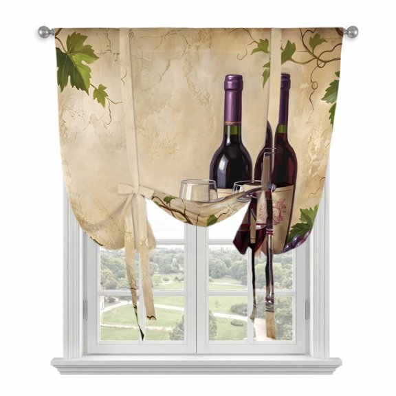 Rustic Grapes Wine Goblets Bottles Tie Up Curtains,Adjustable Rod Pocket Window Shade Curtain Drape Farmhouse Italian Manor Tie-Up Valance for Kitchen Bedroom Living Room Windows,34"x45"