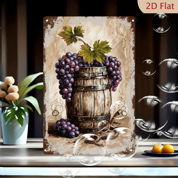 Rustic Grapes in Wooden Barrel Wall Art, 8x12 Inches Vintage Grape Still Life Metal Tin Sign for Kitchen Dining Room Decor