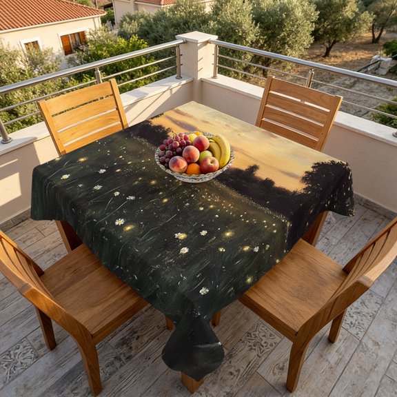 Rustic Grass Sunset Field Table Cloth 60x60in, Waterproof Square Tablecloth Wipeable Tablecloths Animals Fireflies Pattern Table Covers for Dining Tables Party Indoor Outdoor