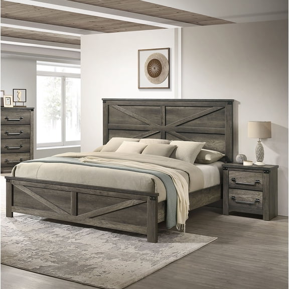 Rustic Gray 3-Piece Queen Bedroom Set with Unique Headboard, Metal Accents, 2 Nightstands, Farmhouse Style Bed Frame & Nightstands