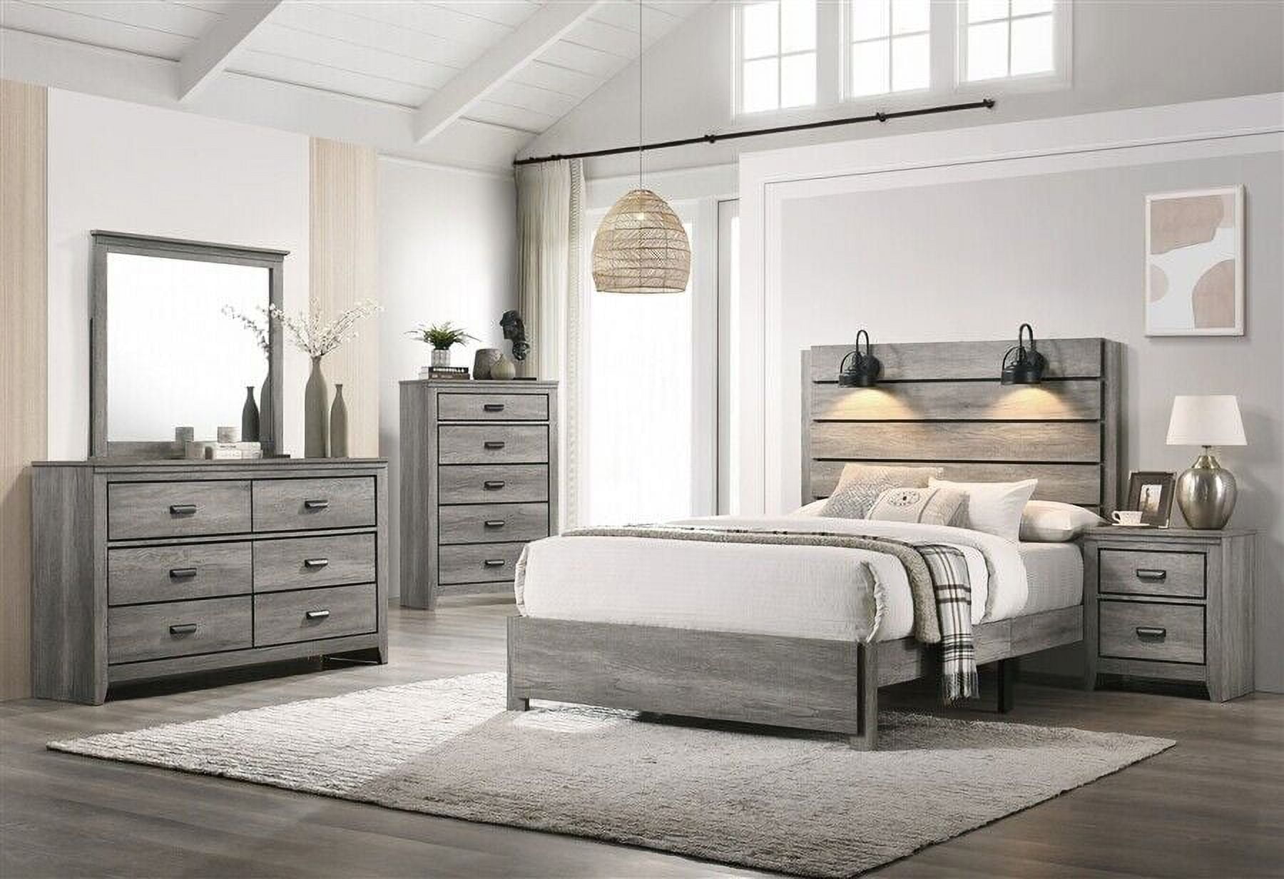 Rustic Gray 4Pc Built in Sconce Lamps Light Platform Full Bed Dresser Mirror Nightstand Set