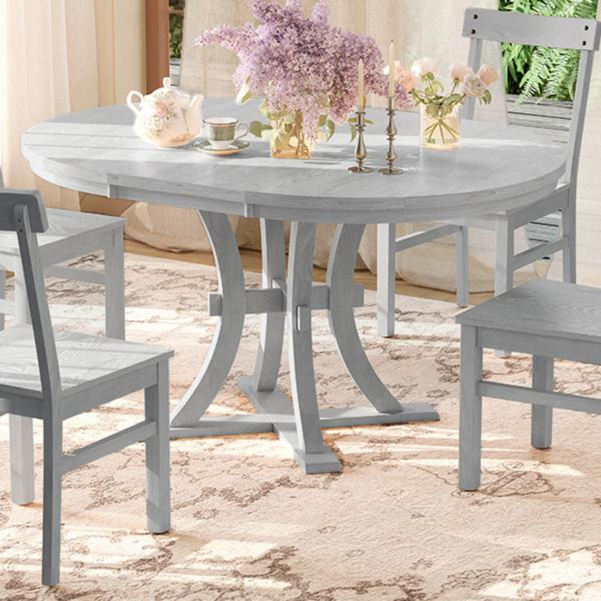 Rustic Gray 5Piece Round Pedestal Extendable Dining Table Set with 15.