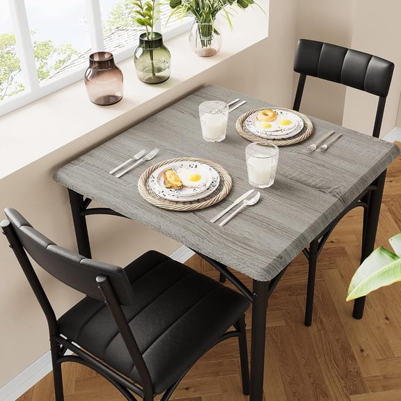 Rustic Gray Dining Table Set for 2, 3 Piece Kitchen Table & Upholstered Chairs Set for Apartment Small Spaces