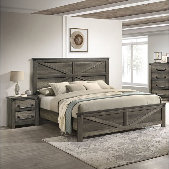 Rustic Gray Famhouse Design Headboard Queen FB Eastern King Size Bed 2x Nightstands Bedroom Furniture