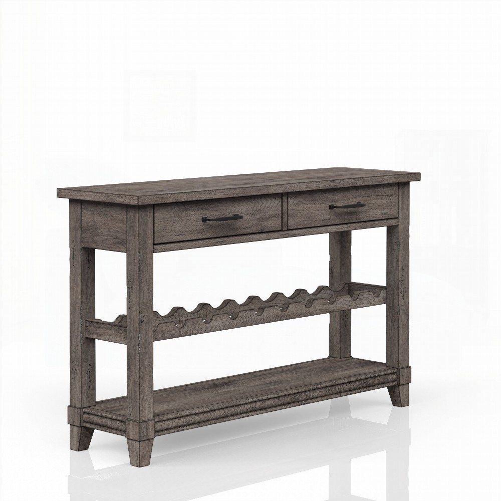 Rustic Gray Finish Console Table with Wine Bottle Storage & Shelf