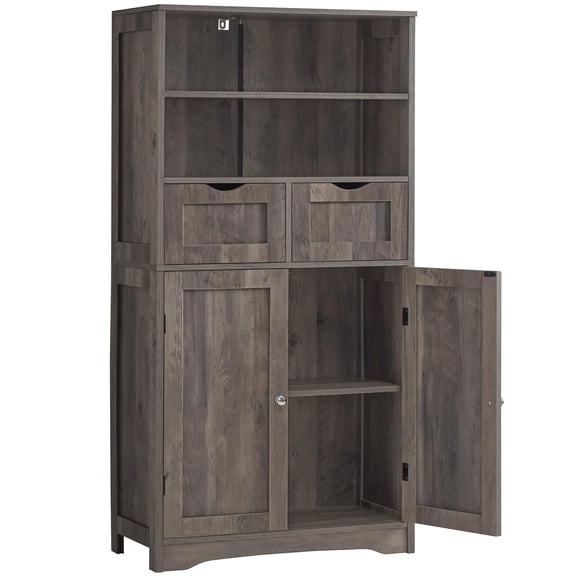 Rustic Gray Freestanding Storage Cabinet With 2 Drawers, 2 Doors, Adjustable Shelf