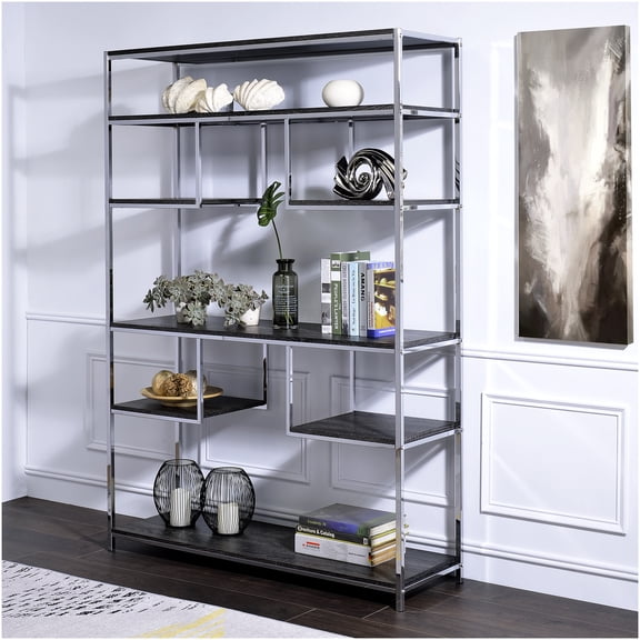 Rustic Gray Oak Bookshelf with Chrome Metal Frame, 7-Tier Industrial Shelving Unit for Living Room, Office, Library