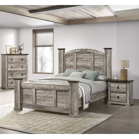 Rustic Gray Poster King Size 3pc Bed Set Storage Chest Nightstand Furniture