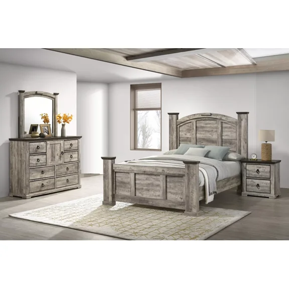 Rustic Gray Poster King Size 4pc Bed Set Storage Wooden Bedroom Furniture