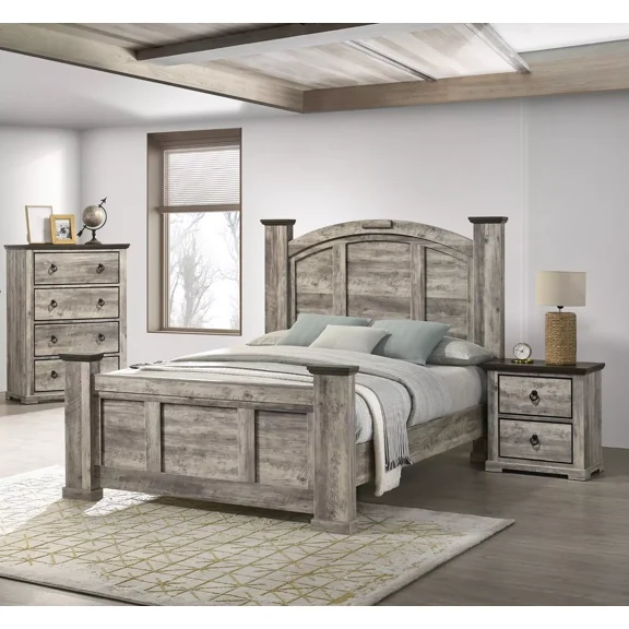Rustic Gray Poster Queen Size 3pc Bed Set Storage Chest Nightstand Furniture