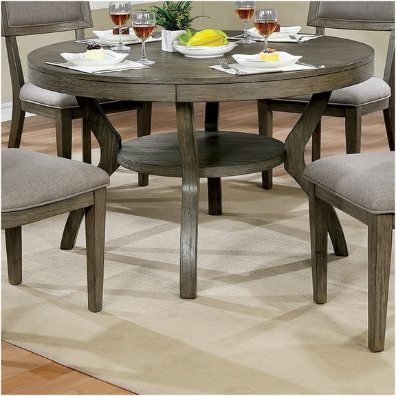 Rustic Gray Solid Wood Round Dining Table with Lower Shelf, Modern Farmhouse Kitchen & Dining Room Centerpiece