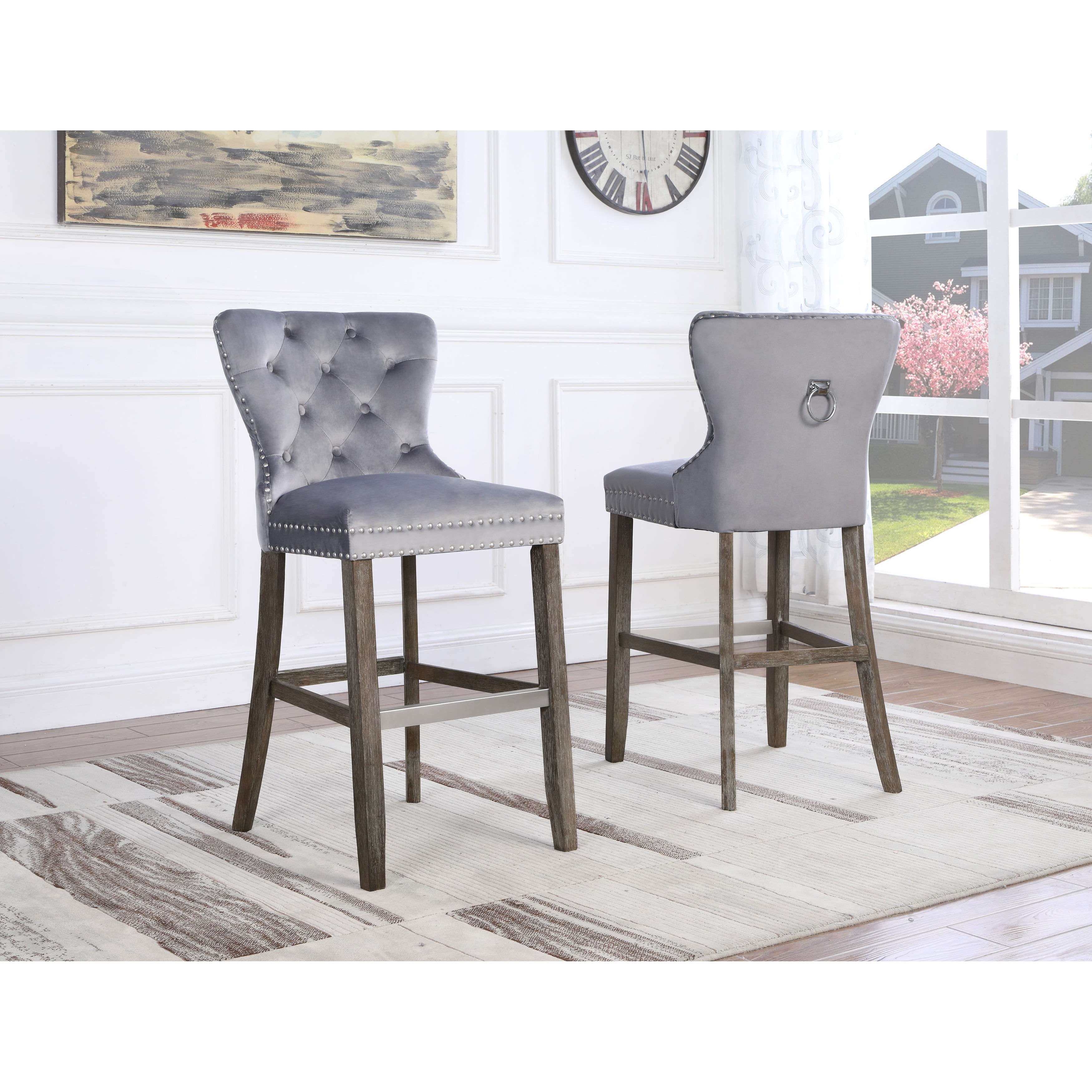 Rustic Gray Velvet 24" Bar Stools with Chrome Details (Set of 2)