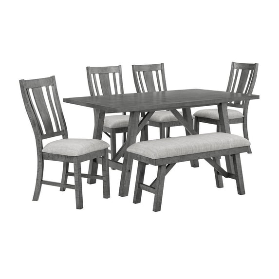 Rustic Gray Wood 6pc Dining Set with Gray Linen Upholstered Chairs and Bench