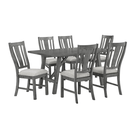 Rustic Gray Wood 7 piece Dining Set with Gray Linen Upholstered Chairs