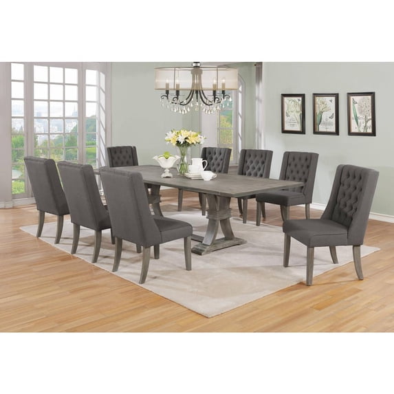 Rustic Gray Wood 9pc Dining Set with Table and Gray Linen Chairs