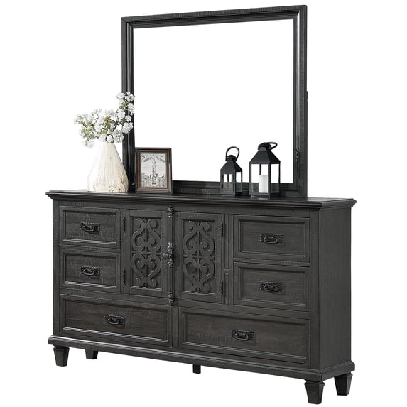 Rustic Gray Wood Dresser and Mirror with Drawers and Swing Doors