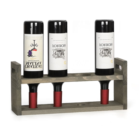 Rustic Gray Wood Wine Rack Tabletop, 4-Bottle Countertop Wine Holder with Handles, Freestanding Wine Storage for Kitchen, Bar
