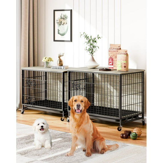 Rustic Gray Wooden Dog Crate - 32" Indoor Kennel with Wheels & Double Doors for Medium Dogs