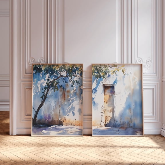 Rustic Greek House Art Muted Urban Landscape Greece Sunrise Village Decor Set 2 Stretched Canvas 16x24