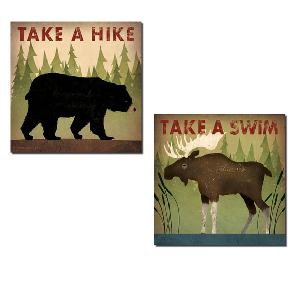 Rustic Green, Black and Brown Bear and Moose Adult Cabin Decor; 2- 12"x 12" Unframed Prints