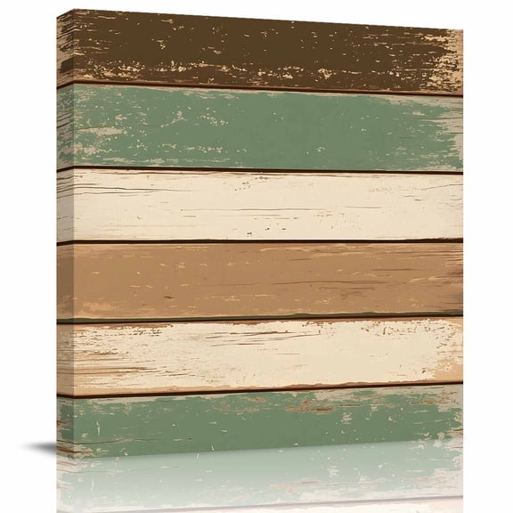 Rustic Green Brown Beige Stripes Canvas Artwork Painting Art, Wood Barn Square Framed Wall Decorations Prints Picture for Bedroom Kitchen Living Room, 12x12 in