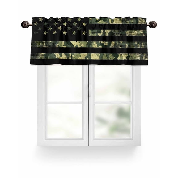 Rustic Green Camo Military Pattern American Flag Kitchen Valances for Windows Camouflage Valance Curtains&nbsp; for Kitchen /Living Room/Bedroom/ Bathroom Decor, 54"x18 " ,Rod Pocket 1 Panel,