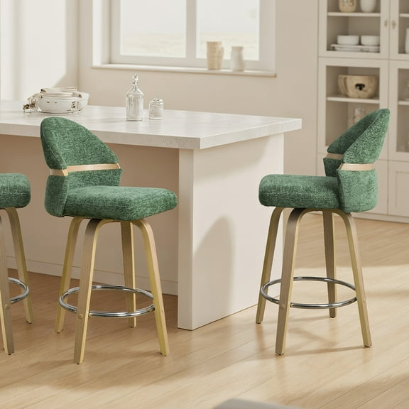 Rustic Green Fabric Swivel Counter Stools with Wood Legs, Set of 2, Barstools in Dining Room