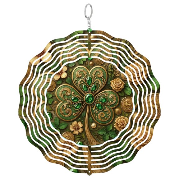 Rustic Green Gold Shamrock 3D Wind Spinner Stainless Steel Kinetic Art Emerald Decor Round
