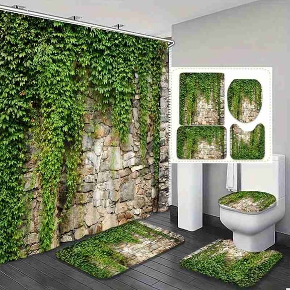 Rustic Green Ivy on Stone Wall 4-Piece Shower Curtain Set with Bath Mats and Toilet Lid Cover for Bathroom Decor
