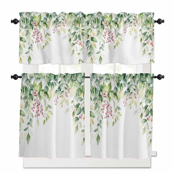 Rustic Green Kitchen Curtains Valances and Tiers Set of 3, 24 Inch Length Tier Curtains and Valance Rod Pocket Valance Curtains Set for Kitchen Bathroom Small Windows