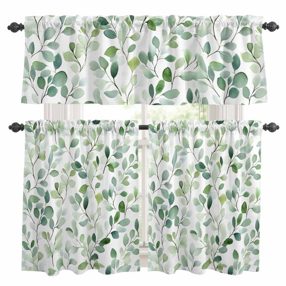 Rustic Green Kitchen Curtains Valances and Tiers Set of 3 Eucalyptus Leaves Watercolor Plant Pastoral Tier Curtains and Valance with Rod Pocket for Small Windows, 27.5"x24"