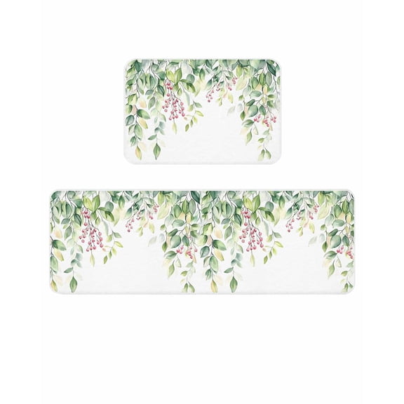 Rustic Green Kitchen Mats for Floor 2 Piece, Eucalyptus Leaf Red Fruit Watercolor Botanical Absorbent Non-Slip Kitchen Rugs Comfort Standing Mat for Laundry, Hallways 15.7"x23.6"+15.7"x47.2"