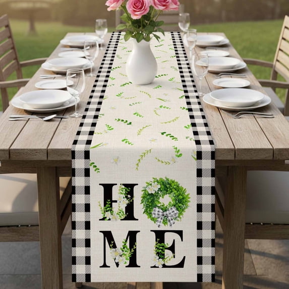 Rustic Green Leaf Flower Table Runner 90 Inches Long,Kitchen Dining Tablerunners Retro Linen Buffalo Plaid Linen Table Runners Dresser Scarves for Home Dinner Wedding Holiday Party Decor