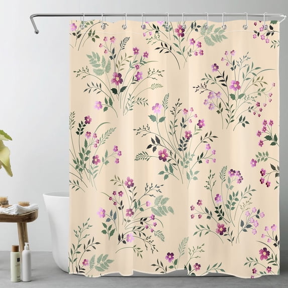 Rustic Green Leaf and Purple Wildflower Shower Curtain Country Flower on Beige Background Shower Curtain Waterproof Spring Autumn Shower Curtain Bathroom Decor with 10 Hooks, 60x72 Inches