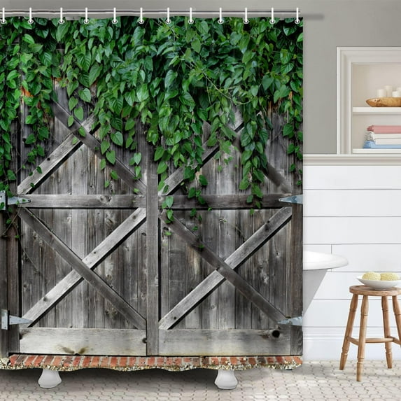 Rustic Green Leaves Vine Shower Curtain for Bathroom Decor 60Wx72H Lush Barnwood Farmhouse Wooden Board Eucalyptus Retro Plants Art Printed Fabric Polyester Machine Washable, 72X72in
