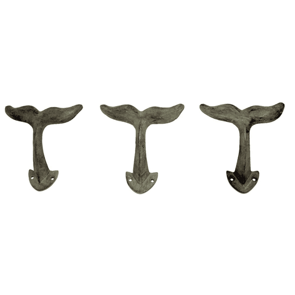 Wowser Cast Iron Whale Wall Hooks, Green Patina Finish, Nautical Coat and Towel Hooks, 4.5 inch, Set of 3