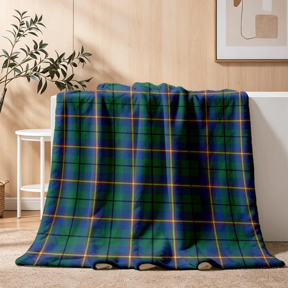 Rustic Green & Slate Blue Plaid Throw Blanket, Soft Cozy Flannel Fleece with Warm Yellow & Red Accents, All-Season for Cabin & Farmhouse Decor Inches 30" x 40"