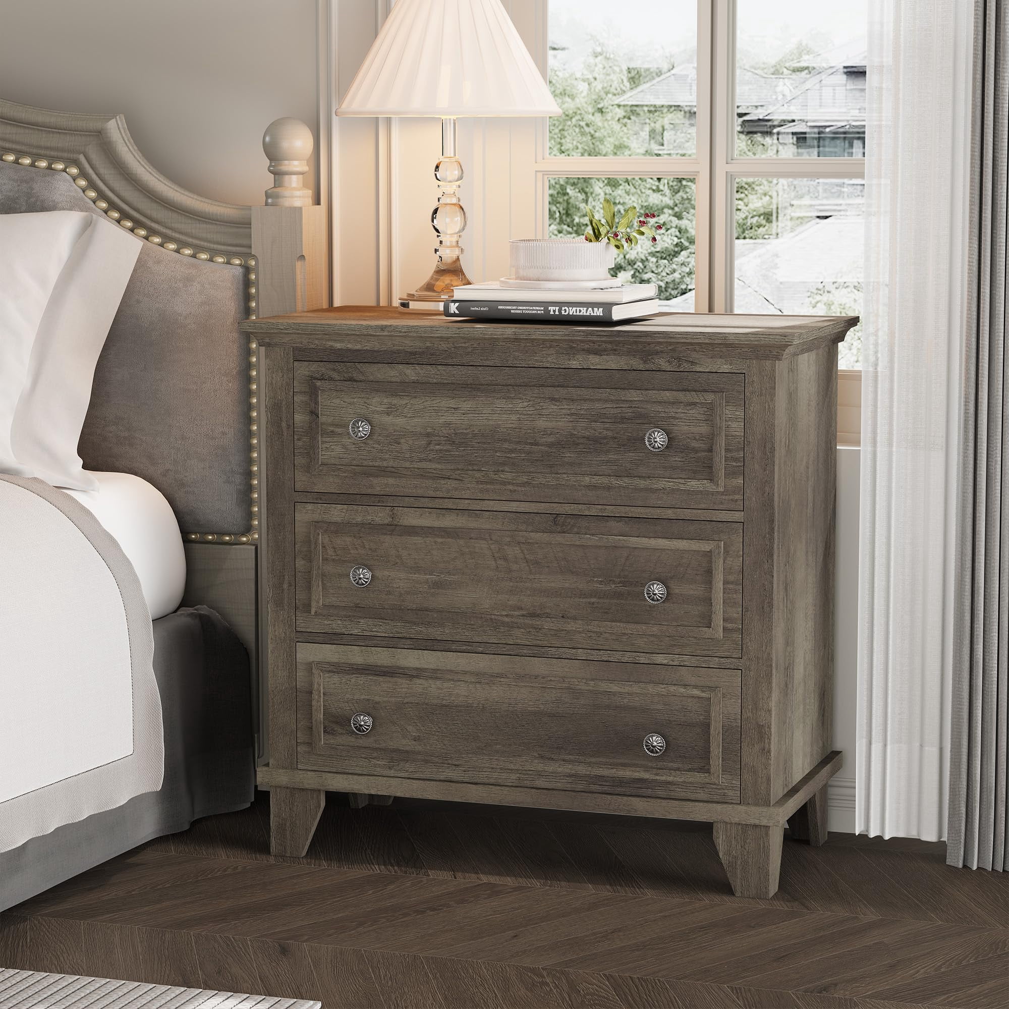 Rustic Grey 3 Drawer Dresser, Wooden Chest of Drawers & Nightstand, Small Storage Cabinet for Bedroom Closet or Living Room