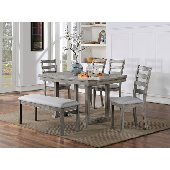 Rustic Grey 6pc Dining Ensemble In Room: Rectangular Table, Bench, 4 Chairs, Solid Wood, Fabric Seat Mass Ensemble, Gray Color, Wood Bench & Chairs With Cushions
