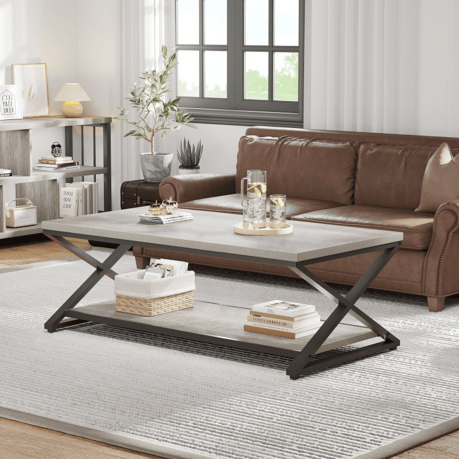 Rustic Grey Coffee Table, 47 Inch Modern Minimalist Living Room Table ...